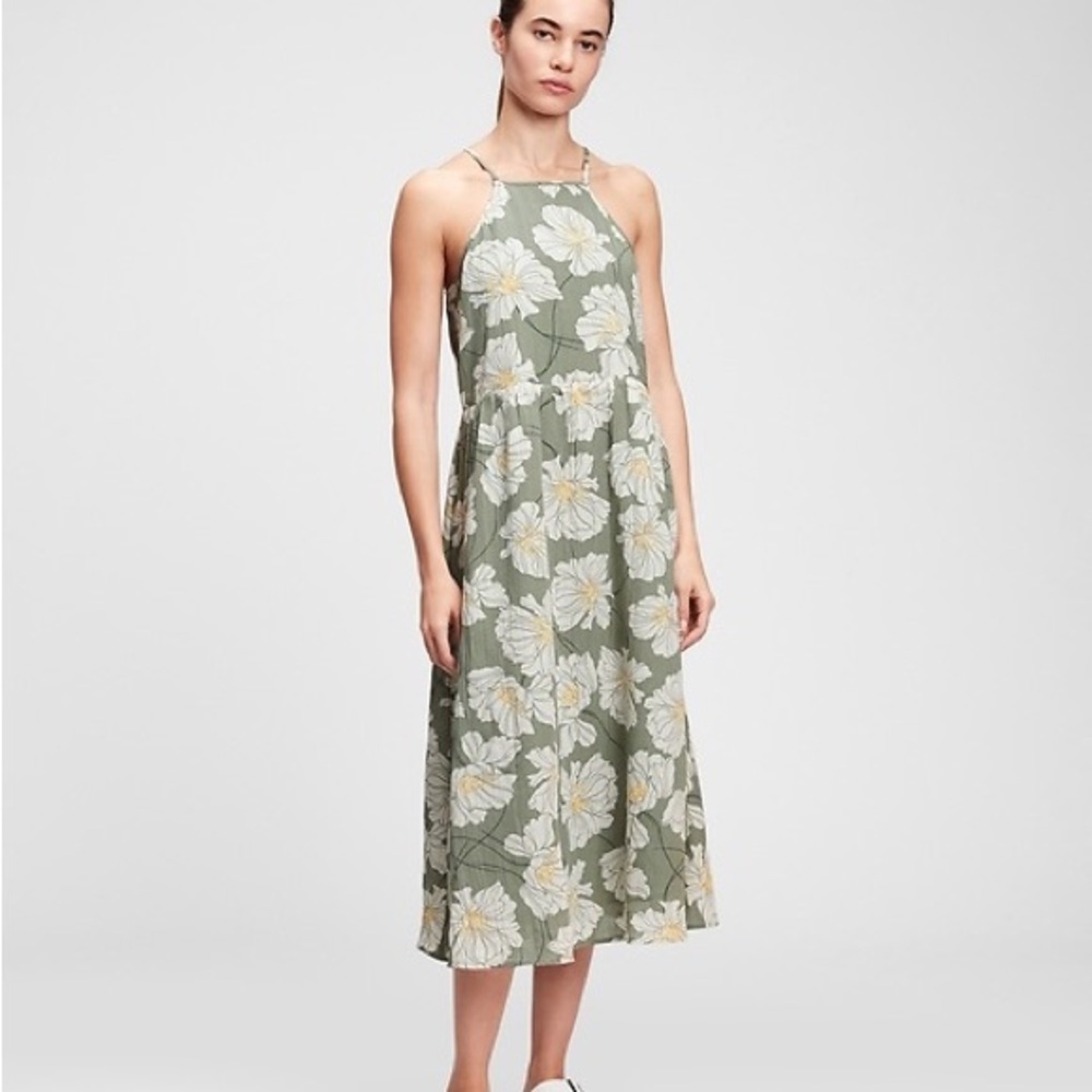 GAP Halter-Neck Midi Dress Green Floral Size Small